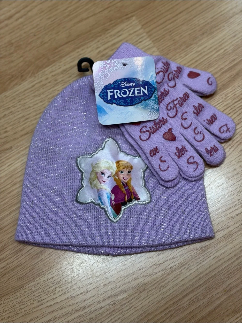 Disney Frozen Girls One Size Purple Glitter Elsa Anna Knit Beanie Gloves Set NWT